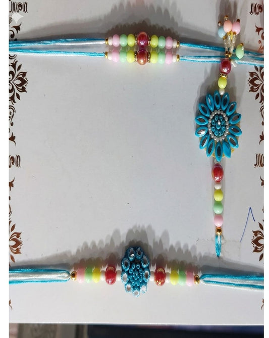 NVR Set of 4 Family Pack Beaded Thread Rakhi with Roli Chawal Chandan Mishri