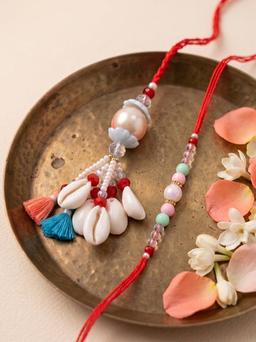 NVR Set of 2 Multicolor Artificial Beads & Sea Shell Bhaiya Bhabhi Rakhi with Roli Chawal