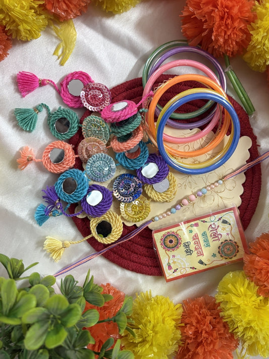 NVR Set of 2 Bangle Style Handcrafted Bhaiya Bhabhi Rakhi with Roli Chawal Chandan Mishri