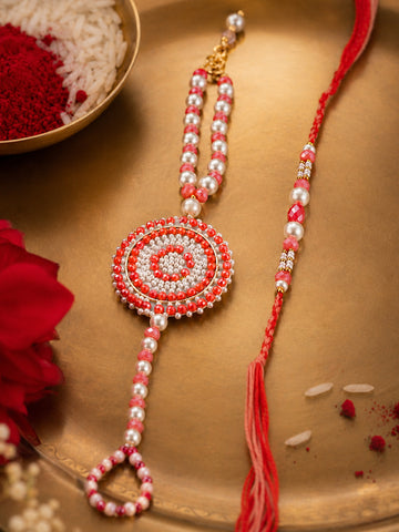 NVR Set of 2 Gold Toned Pearls & Beads Round Shape Bhaiya Bhabhi Rakhi with Roli Chawal