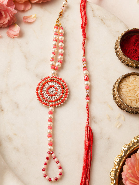 NVR Set of 2 Gold Toned Pearls & Beads Round Shape Bhaiya Bhabhi Rakhi with Roli Chawal