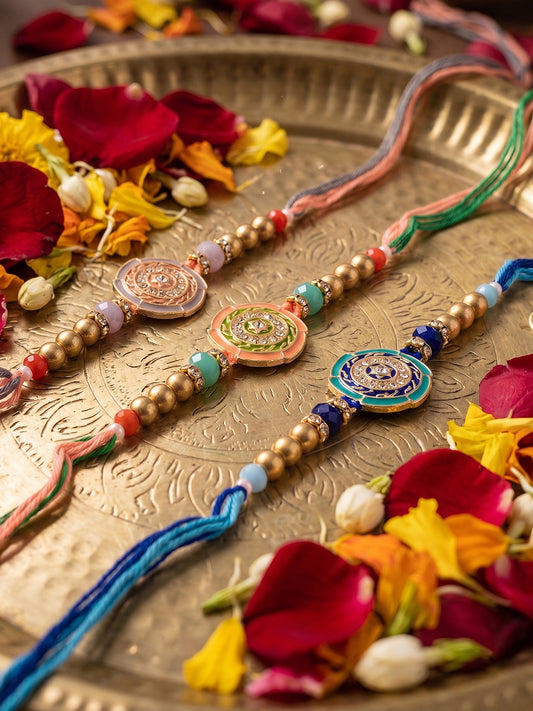 NVR Set of 3 Floral Design Multicolor Artificial Beads Thread Rakhi With Roli Chawal