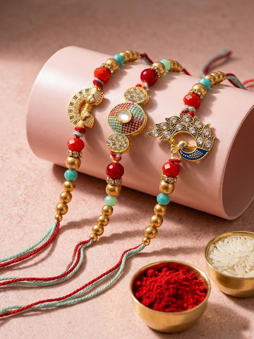 NVR Set of 3 Artificial Stones & Beads Decorative Thread Rakhi with Roli Chawal Chandan