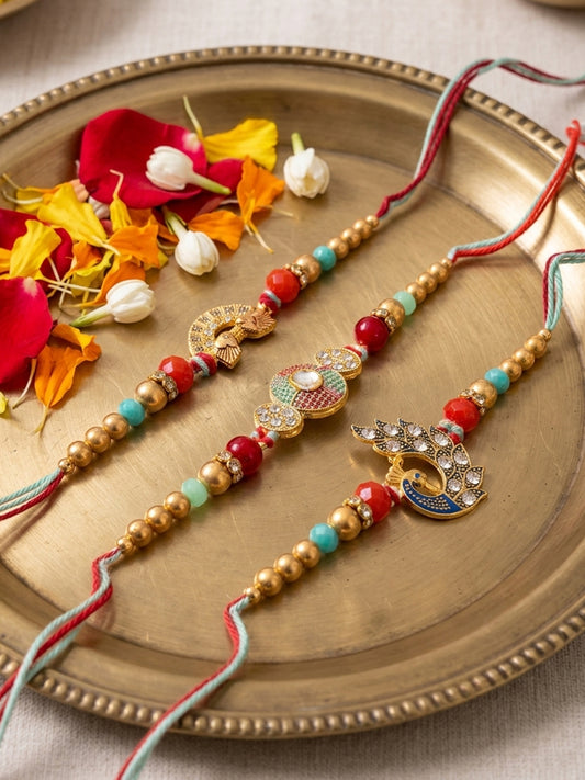 NVR Set of 3 Artificial Stones & Beads Decorative Thread Rakhi with Roli Chawal Chandan