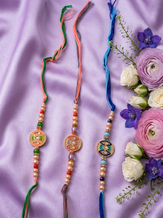 NVR Set of 3 Multicolor Artificial Stones & Beads Thread Rakhi with Roli Chawal Chandan