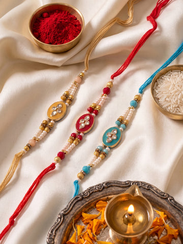 NVR Set of 3 Multicolor Artificial Beads & White Pearls Thread Rakhi with Roli Chawal