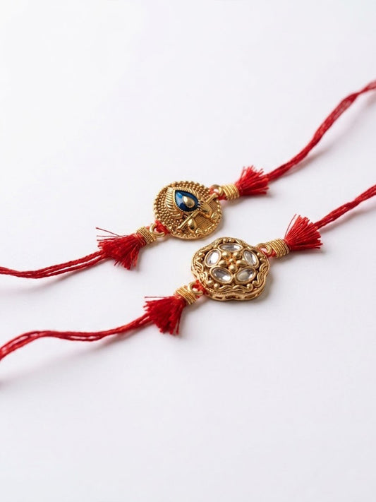 NVR Set of 2 Gold Toned Artificial Stones Thread Rakhi with Roli Chawal Chandan Mishri