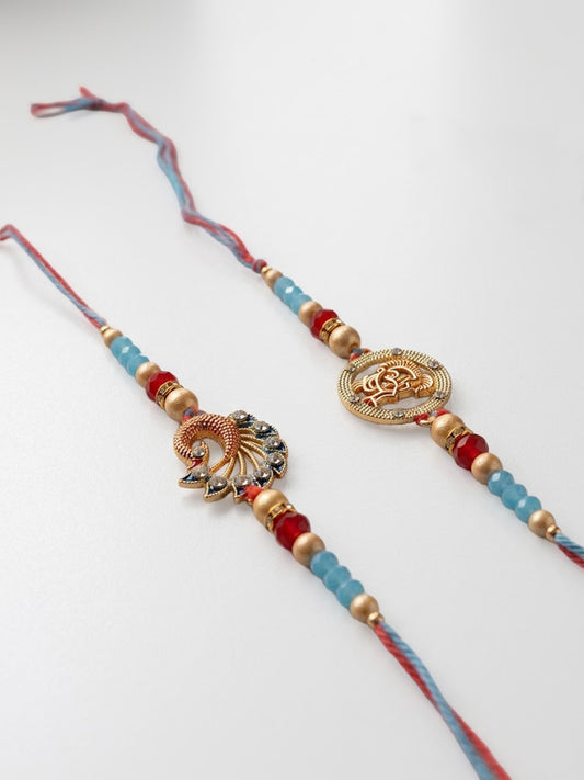 NVR Set of 2 Multicolor Artificial Beads Thread Rakhi with Roli Chawal Chandan Mishri