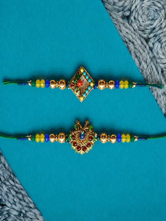 NVR Set of 2 Traditional Thread Rakhi with Roli Chawal Chandan Mishri