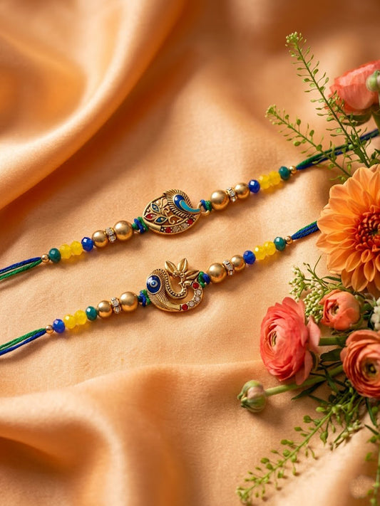 NVR Set of 2 Multicolor Artificial Stones & Beads Thread Rakhi with Roli Chawal Chandan