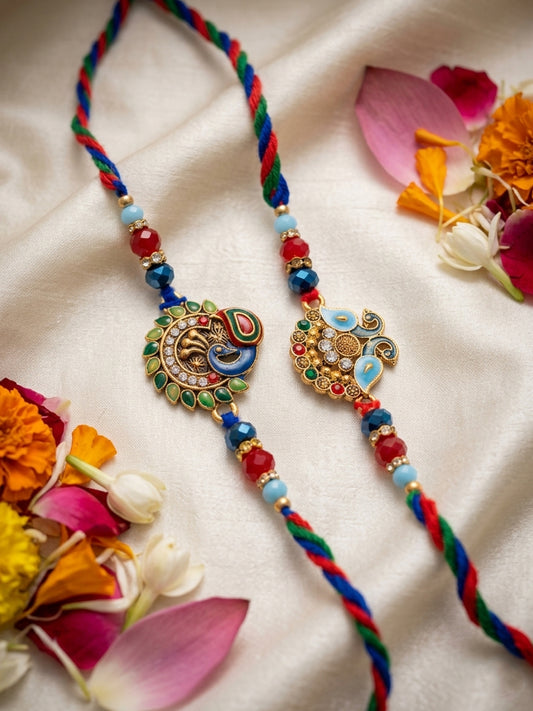NVR Set of 2 Multicolor Artificial Stones & Beads Thread Rakhi with Roli Chawal Chandan