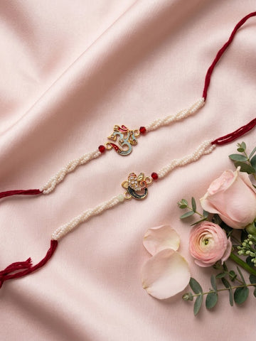 NVR Set of 2 White Pearls Om & Ganesh Ji Thread Rakhi with Roli Chawal Chandan Mishri