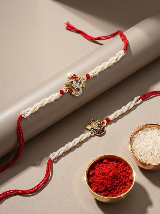NVR Set of 2 White Pearls Om & Ganesh Ji Thread Rakhi with Roli Chawal Chandan Mishri