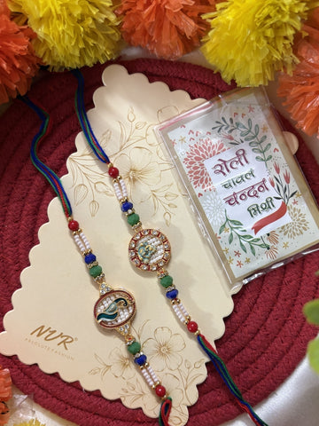 NVR Set of 2 Multicolor Peacock Design Rakhi with Roli Chawal Chandan Mishri