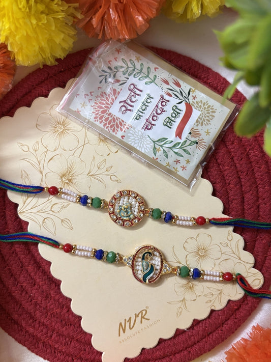 NVR Set of 2 Multicolor Peacock Design Rakhi with Roli Chawal Chandan Mishri
