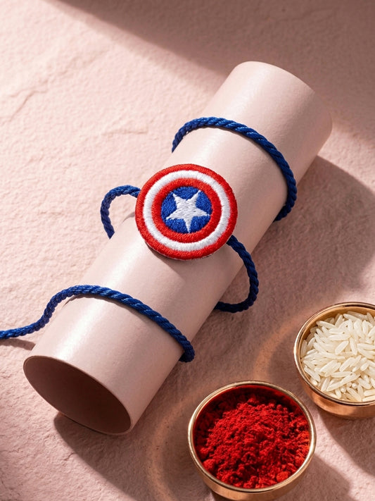 NVR Stylish Red & Blue Avengers Design Kids Rakhi with Roli Chawal Chandan Mishri