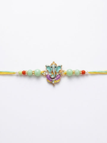 NVR Multicolor Artificial Beads Ganesh Ji Thread Rakhi With Roli Chawal Chandan Mishri
