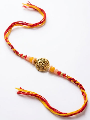 NVR Artificial Beads Decorative Om Design Religious Thread Rakhi with Roli Chawal Chandan