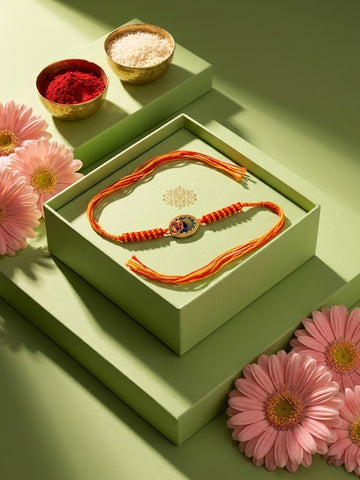 NVR Om Motif Divine Religious Thread Rakhi with Roli Chawal Chandan Mishri
