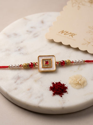 NVR Square Design Multicolor Artificial Stones & Pearls Thread Rakhi With Roli Chawal