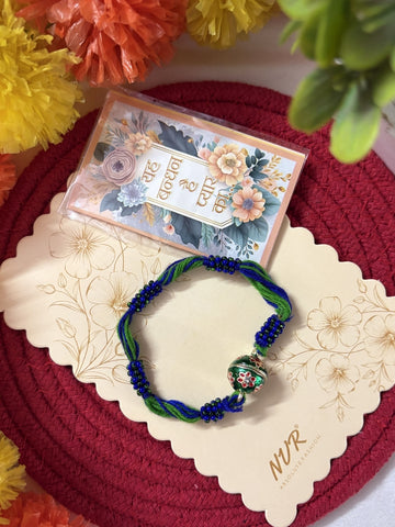 NVR Magnetic Opening Blue Meenakari Work Thread Rakhi with Roli Chawal Chandan Mishri