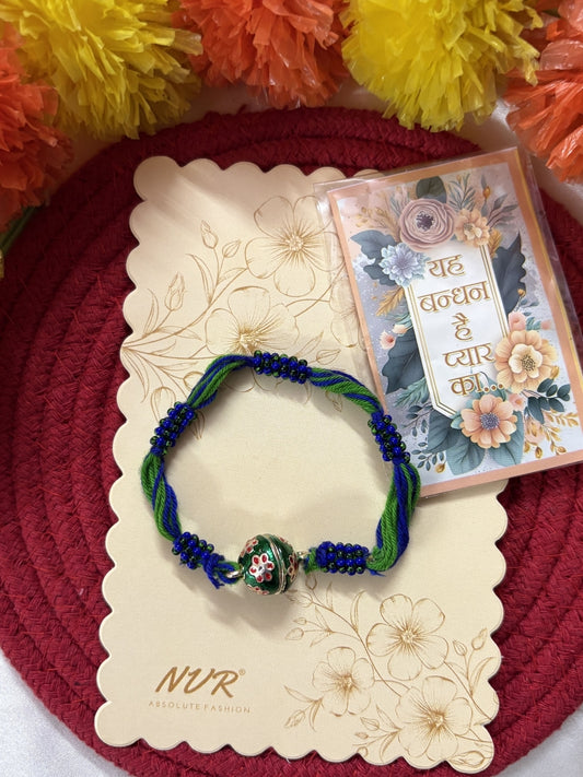 NVR Magnetic Opening Blue Meenakari Work Thread Rakhi with Roli Chawal Chandan Mishri