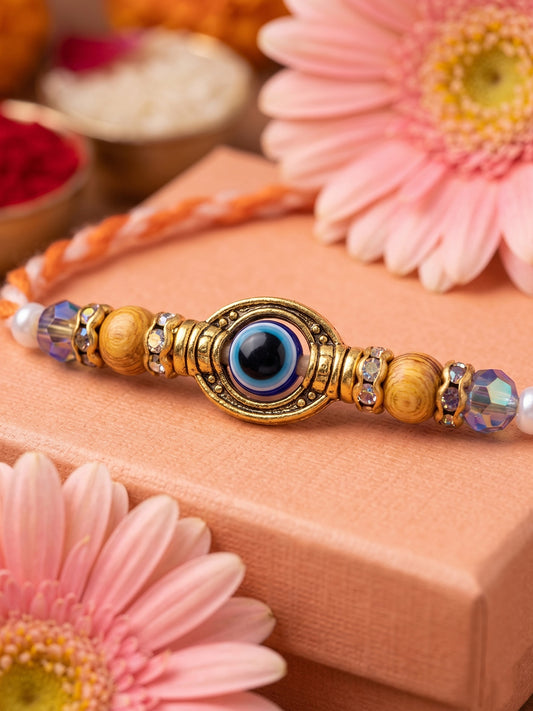 NVR Set of 4 Multicolor Evil Eye Thread Rakhi with Roli Chawal Chandan Mishri