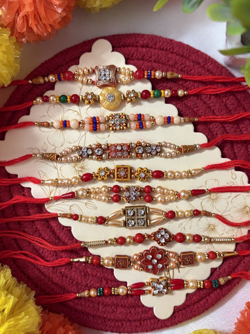 NVR Set of 10 Artificial Stones & Beads Thread Rakhi with Roli Chawal Chandan Mishri