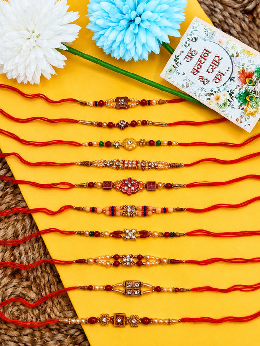 NVR Set of 10 Artificial Stones & Beads Thread Rakhi with Roli Chawal Chandan Mishri