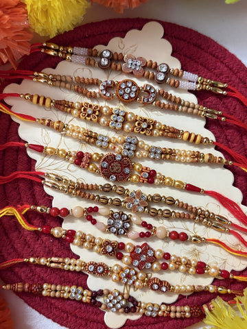 NVR Set of 10 Artificial Stones & Beads Thread Rakhi with Roli Chawal Chandan Mishri