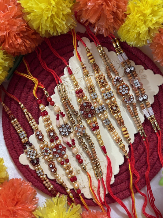 NVR Set of 10 Artificial Stones & Beads Thread Rakhi with Roli Chawal Chandan Mishri