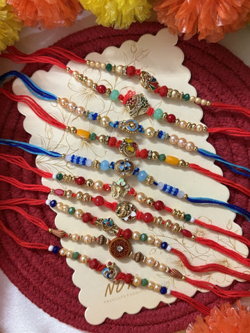 NVR Set of 10 Artificial Stones & Beads Thread Rakhi with Roli Chawal Chandan Mishri