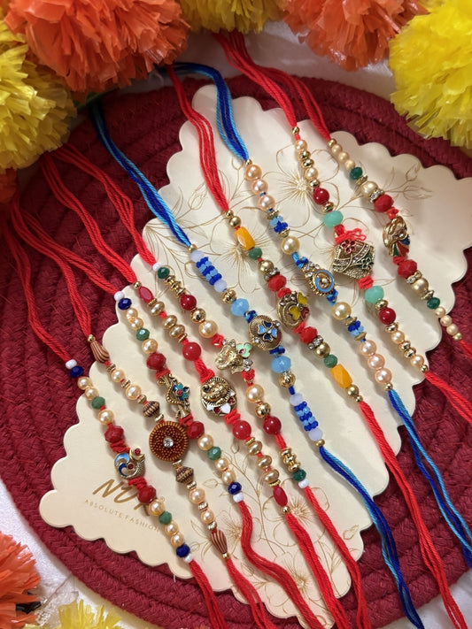 NVR Set of 10 Artificial Stones & Beads Thread Rakhi with Roli Chawal Chandan Mishri