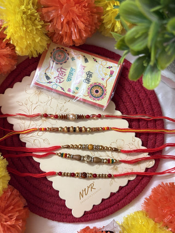 NVR Set of 5 Multicolor Designer Thread Rakhi with Roli Chawal Chandan Mishri