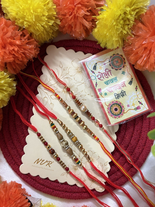NVR Set of 5 Multicolor Designer Thread Rakhi with Roli Chawal Chandan Mishri