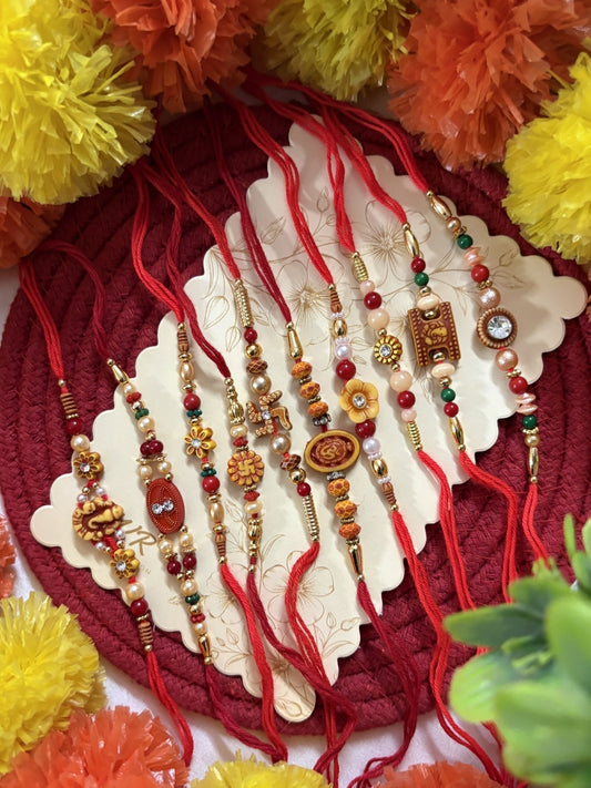 NVR Set of 10 Multicolor Designer Thread Rakhi with Roli Chawal Chandan Mishri