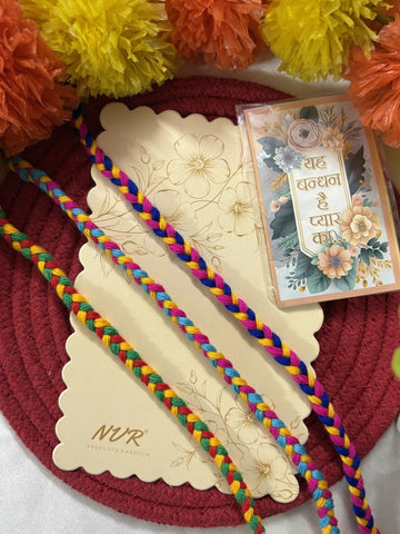 NVR Set of 3 Multicolor Thread Rakhi with Roli Chawal Chandan Mishri