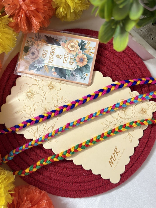 NVR Set of 3 Multicolor Thread Rakhi with Roli Chawal Chandan Mishri