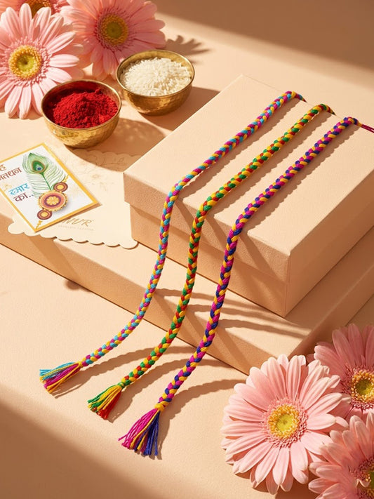 NVR Set of 3 Multicolor Thread Rakhi with Roli Chawal Chandan Mishri