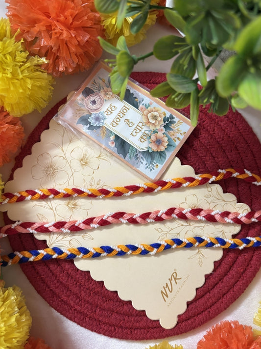 NVR Set of 3 Multicolor Thread Rakhi with Roli Chawal Chandan Mishri