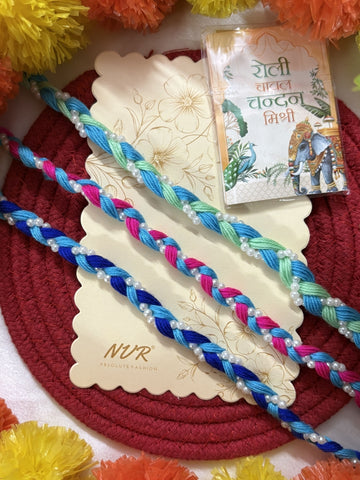 NVR Set of 3 Multicolor Thread Rakhi with Roli Chawal Chandan Mishri
