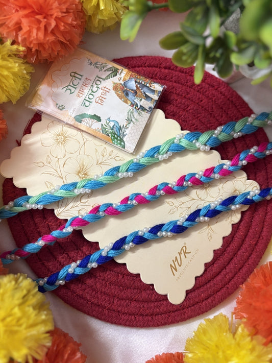 NVR Set of 3 Multicolor Thread Rakhi with Roli Chawal Chandan Mishri