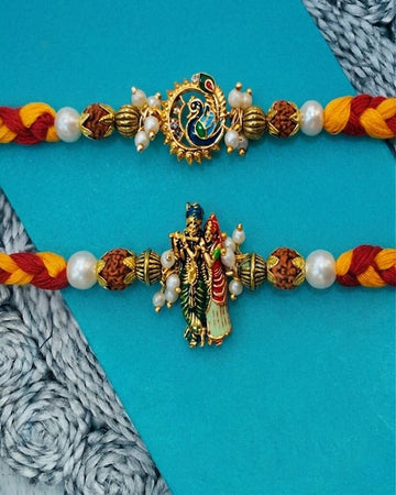 NVR Set of 2 Religious Thread Pearls Rakhi with Roli Chawal Chandan Mishri