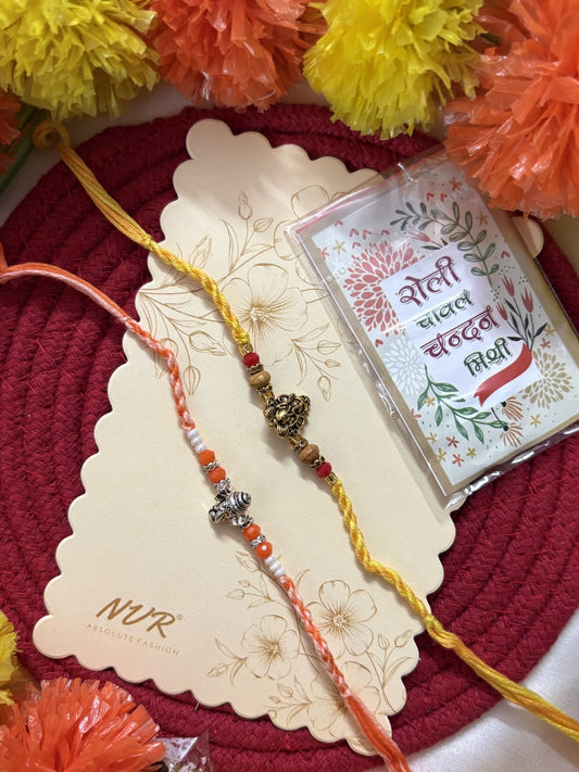 NVR Set of 2 Multicolor Religious Thread Rakhi with Roli Chawal Chandan Mishri