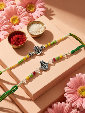 NVR Set of 2 Multicolor Religious Thread Rakhi with Roli Chawal Chandan Mishri