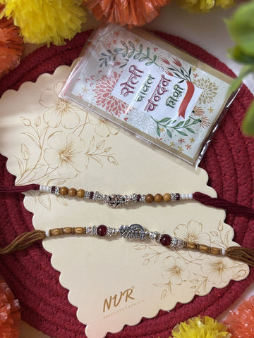 NVR Set of 2 Silver Toned Religious Rakhi Thread Rakhi Roli Chawal Chandan Mishri