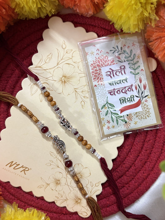 NVR Set of 2 Silver Toned Religious Rakhi Thread Rakhi Roli Chawal Chandan Mishri