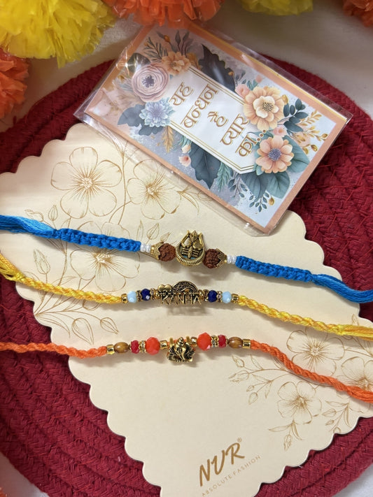 NVR Set of 3 Rudraksh Religious Rakhi Thread Rakhi Roli Chawal Chandan Mishri