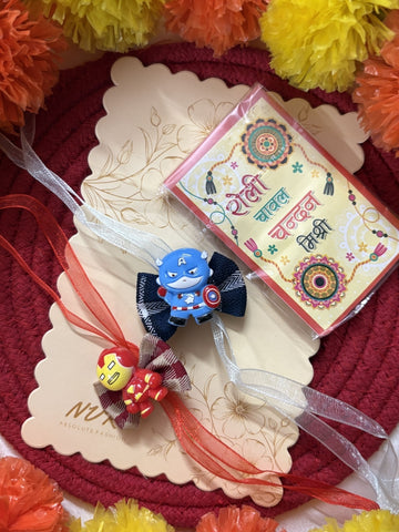 NVR Set of 2 Superhero Kids Rakhi with Roli Chawal Chandan Mishri