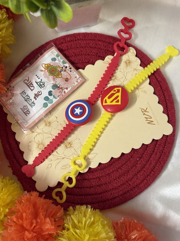 NVR Set of 2 Superhero Kids Rakhi with Roli Chawal Chandan Mishri